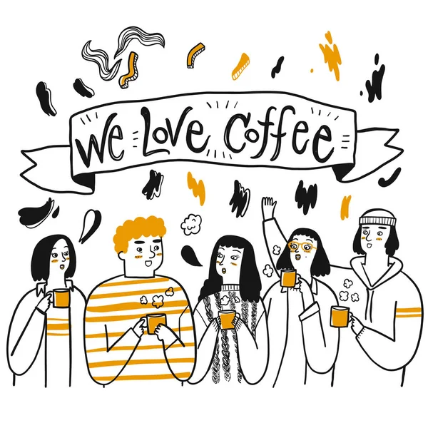 友人やコーヒーを飲みたい人のグループラベルの文字私たちは白の背景にコーヒーや花の要素を愛し 手描きベクトルイラストドアラインアートスタイル — ストックベクタ