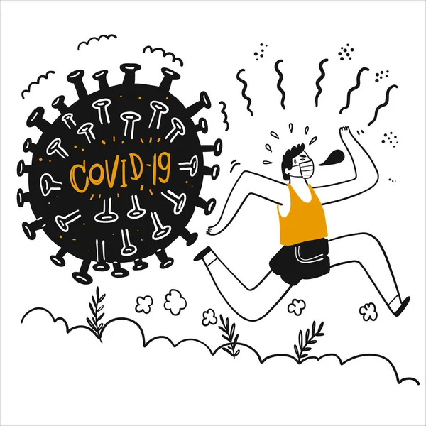 Jongeman Vlucht Voor Ziektekiemen Covid Handgetekende Vector Illustratie Doodle Lijn — Stockvector