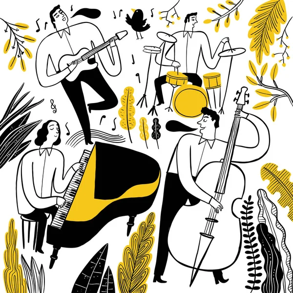 Hand Drawing Musicians Playing Music Vector Illustration Doodle Style — Stock Vector