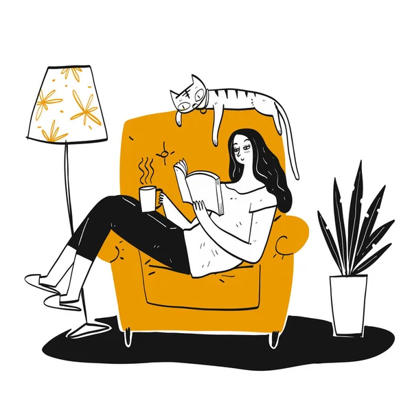 Woman Reading Book Favorite Sofa Big Cat Hand Drawn Vector — Stock Vector