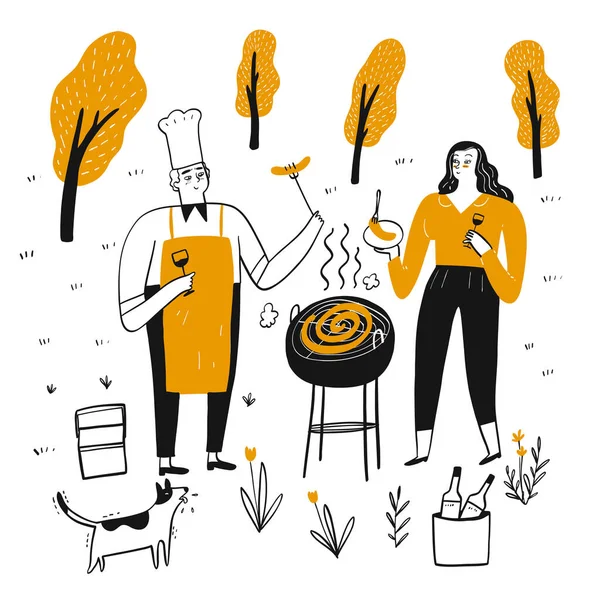 Les Couples Grillent Sur Barbecue Ensoleillé Après Midi Dessiné Main — Image vectorielle