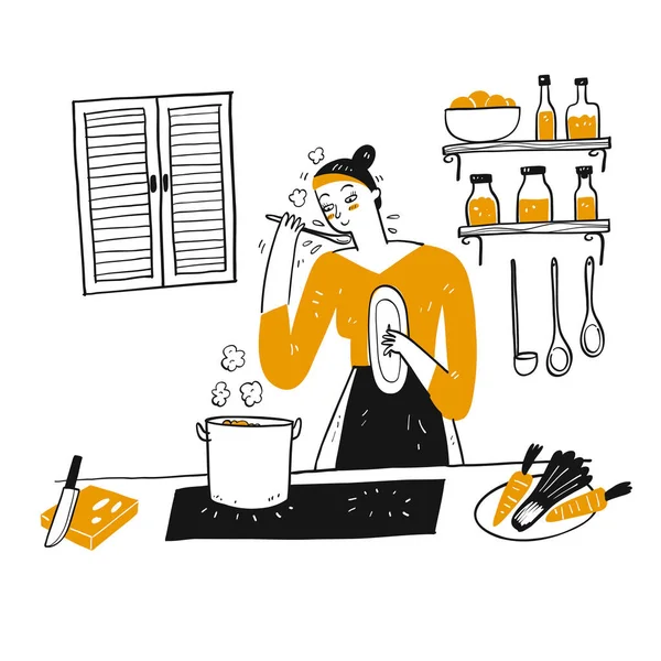 Młoda Kobieta Gotuje Kuchni Ręcznie Rysowane Wektor Ilustracja Stylu Doodle — Wektor stockowy