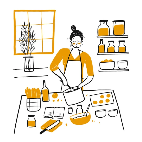 Jeune Femme Cuisiner Dans Cuisine Illustration Vectorielle Dessinée Main Dans — Image vectorielle