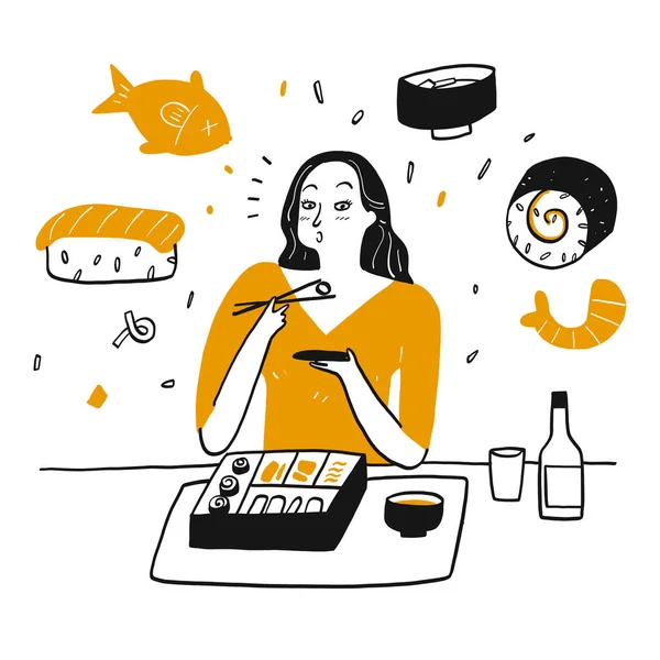 Una Donna Che Mangia Sushi Felicemente Illustrazione Vettoriale Disegnata Mano — Vettoriale Stock