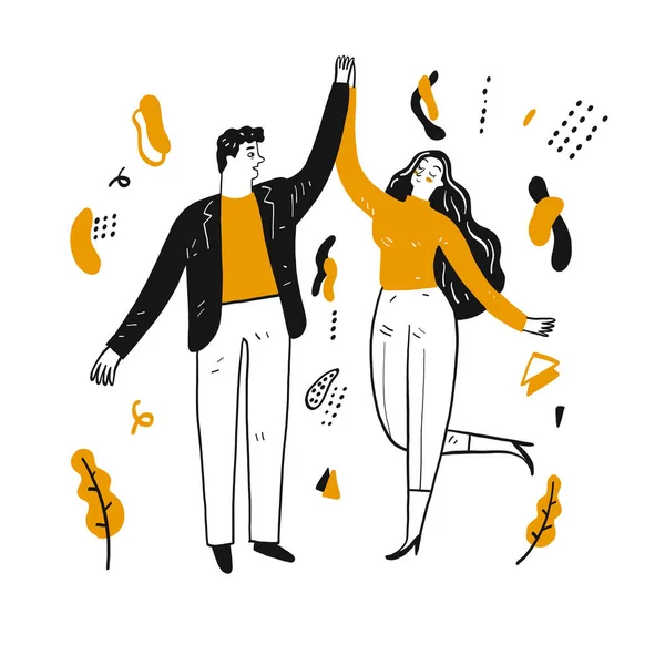 Parejas Felices Bailando Días Brillantes Dibujado Mano Vector Ilustración Estilo — Archivo Imágenes Vectoriales