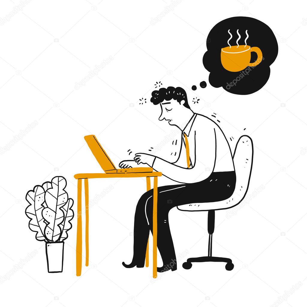 Businessman or employee be sleepy or dizzy at work desk in office thinking to cup of coffee. Hand drawing line art doodle style isolated on white background