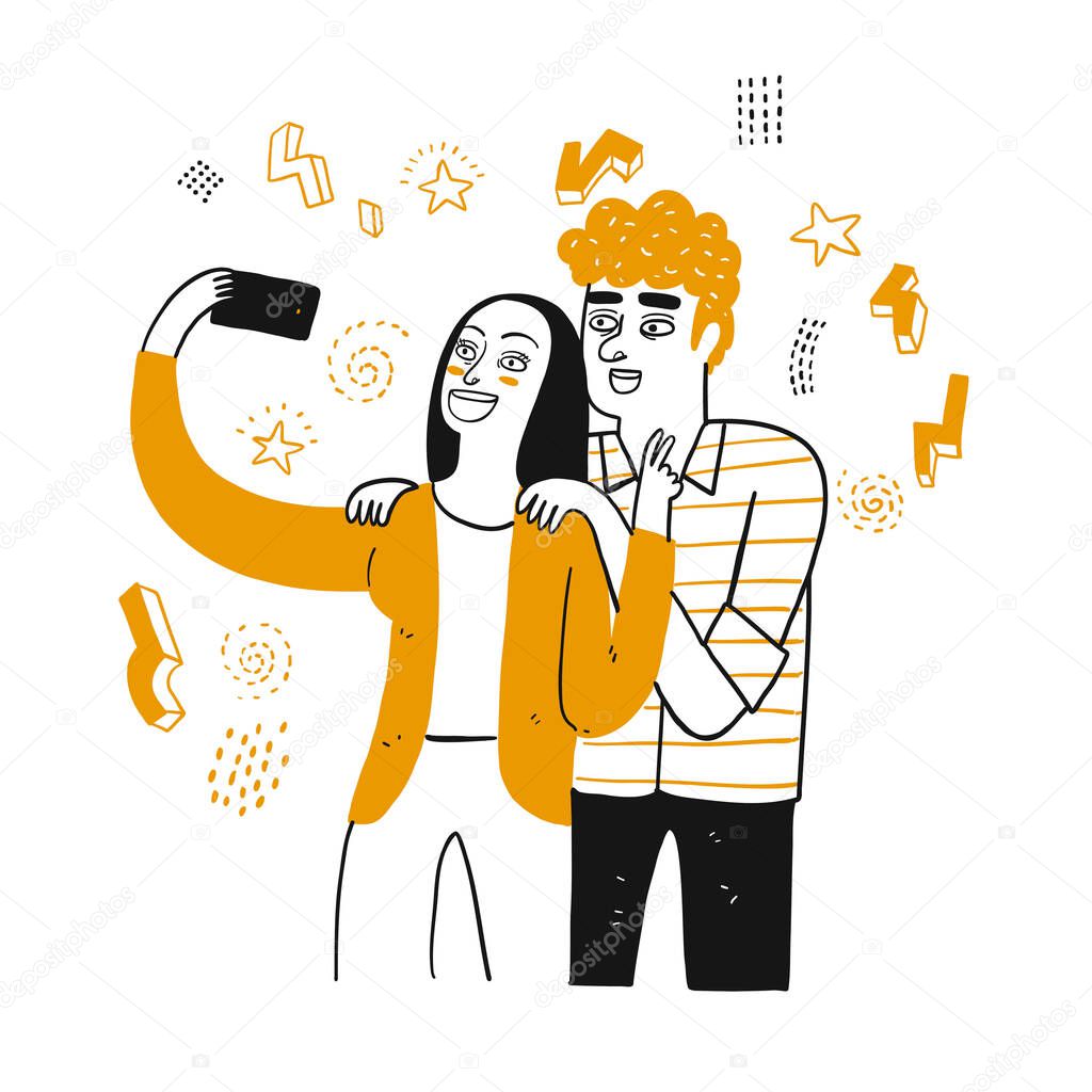 Selfie of couple smiling having fun together. Vector Illustration, Hand drawing line art doodle style isolated on white background
