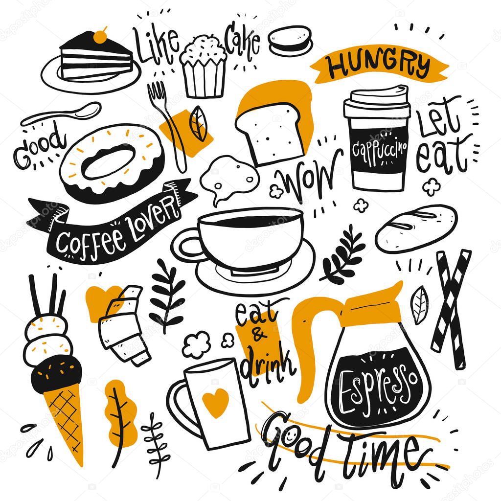 Set of coffee equipment, Hand drawn vector Illustration doodle line art style.