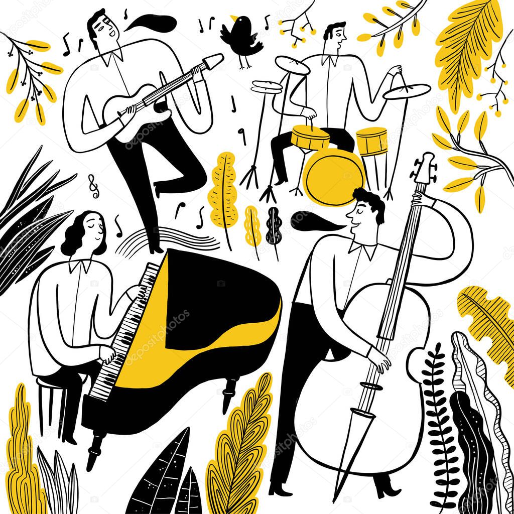 Hand drawing the musicians playing music. Vector Illustration doodle style.	