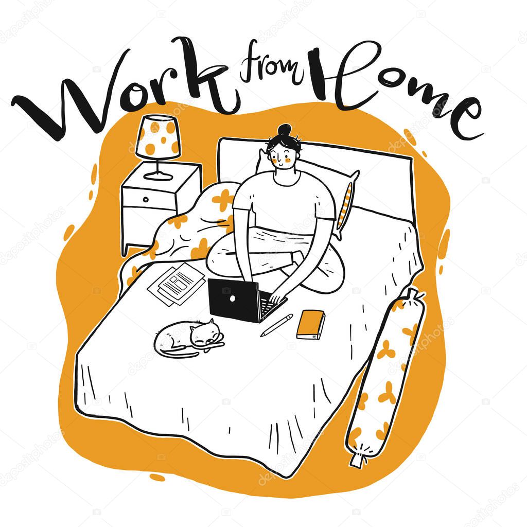 Young woman who working on the bed with her laptop, Work from home concept, Hand drawn, Vector Illustration doodle style.