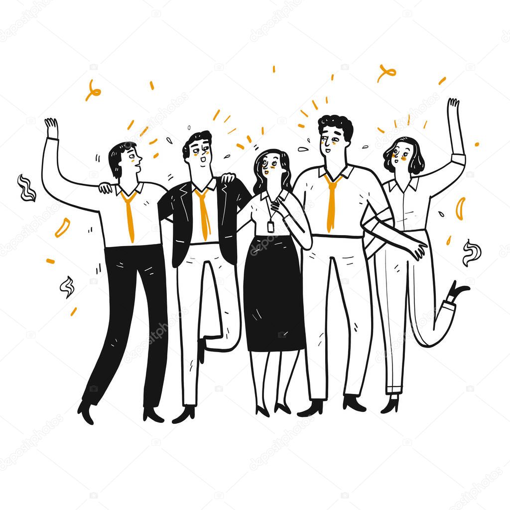 Company employee or businessman Walk in line Talk happily, Hand drawn Vector Illustration in sketch doodle style.