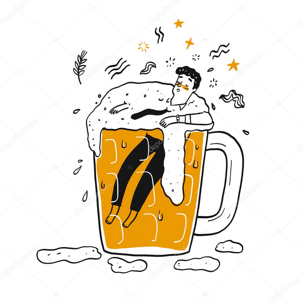 A man in the glass of beer. The element hand drawn, Vector Illustration doodle style.