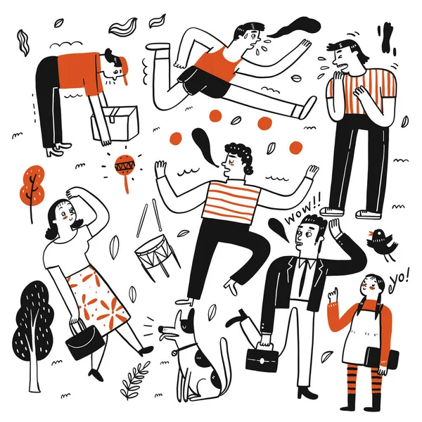 Parklarda Vector Illustration karalama tarzında insanların çizdiği element el..
