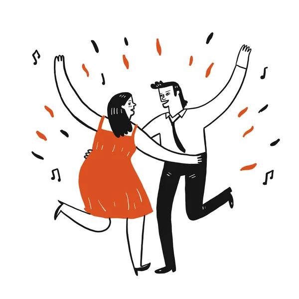 Los Amantes Están Bailando Felizmente Dibujar Mano Estilo Garabato Ilustración — Vector de stock