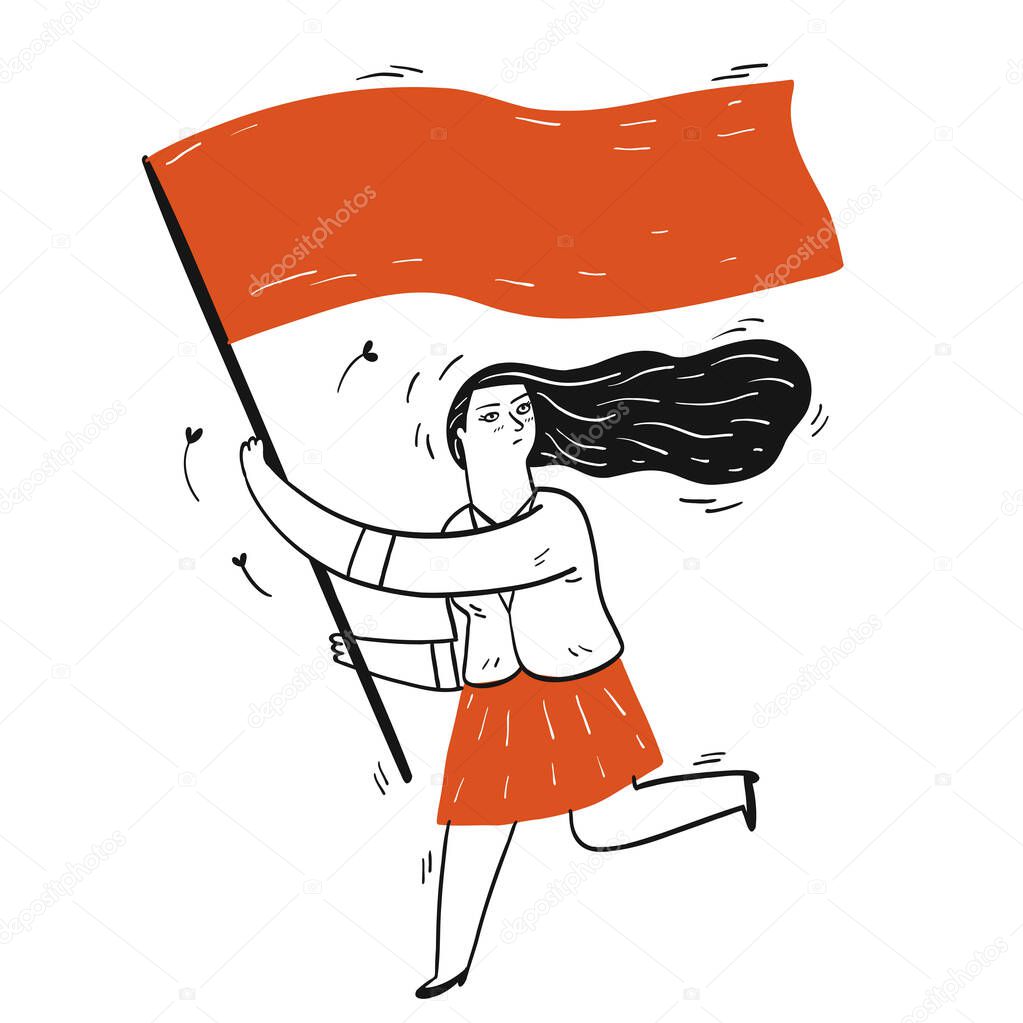 Collection of hand drawn a girl running while holding flag.Vector illustrations in sketch doodle style.