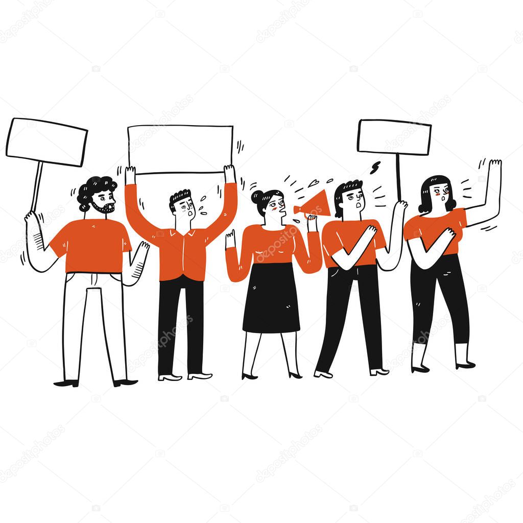 Collection of hand drawn a group of people doing protest.Vector illustrations in sketch doodle style.