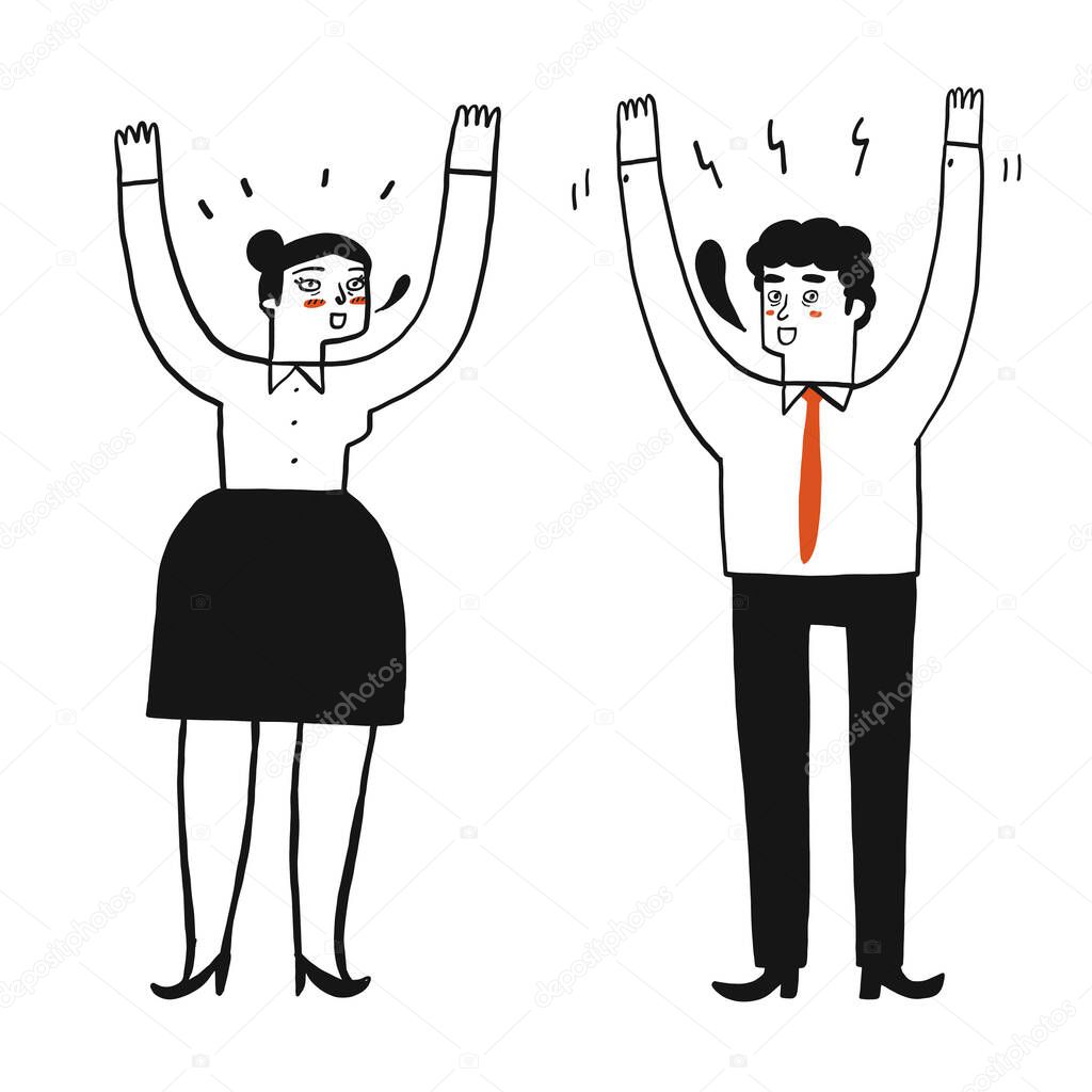 People are raising their hands on both sides. Hand drawing Vector Illustration doodle style.