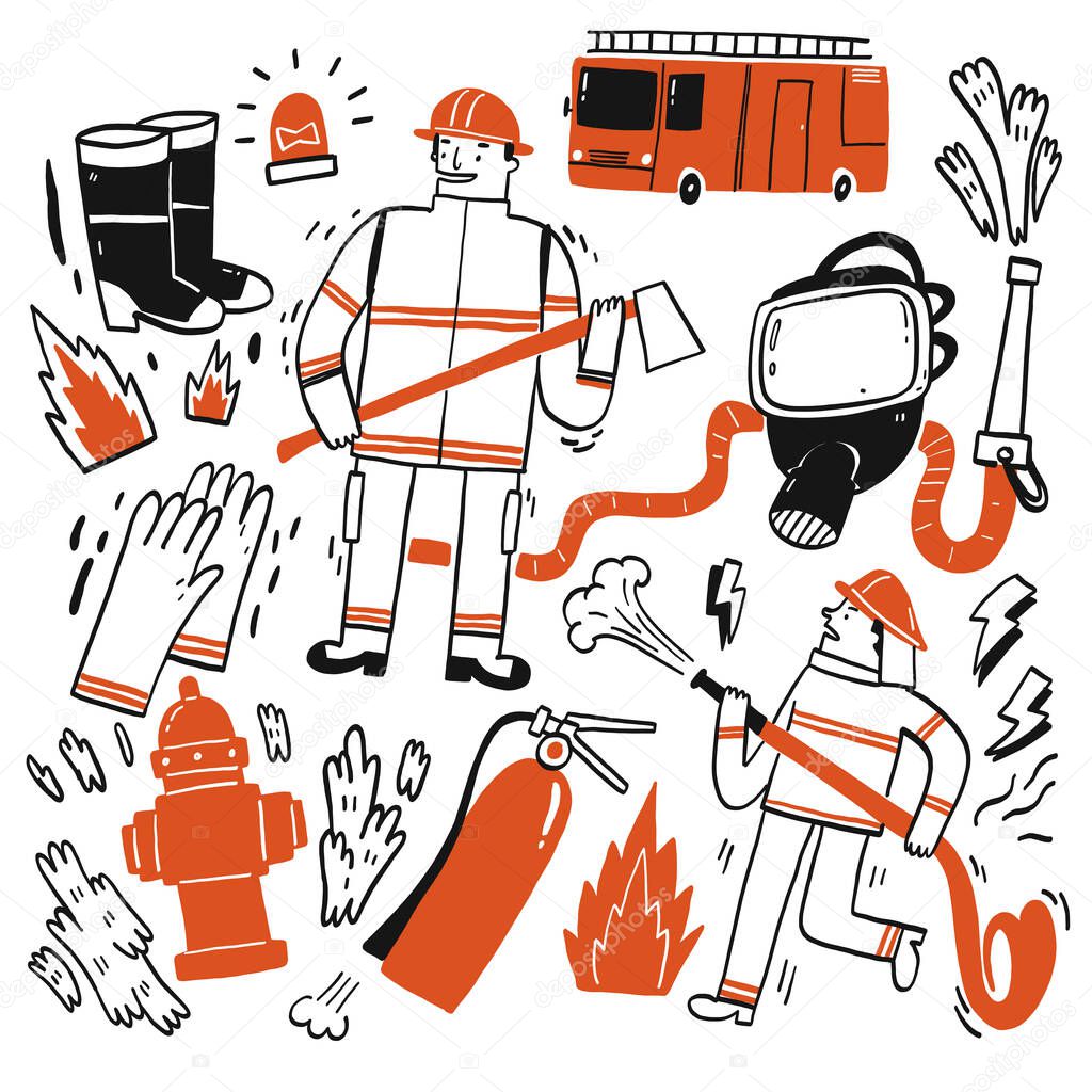 The element hand drawn of Fire fighting, Vector Illustration doodle style.