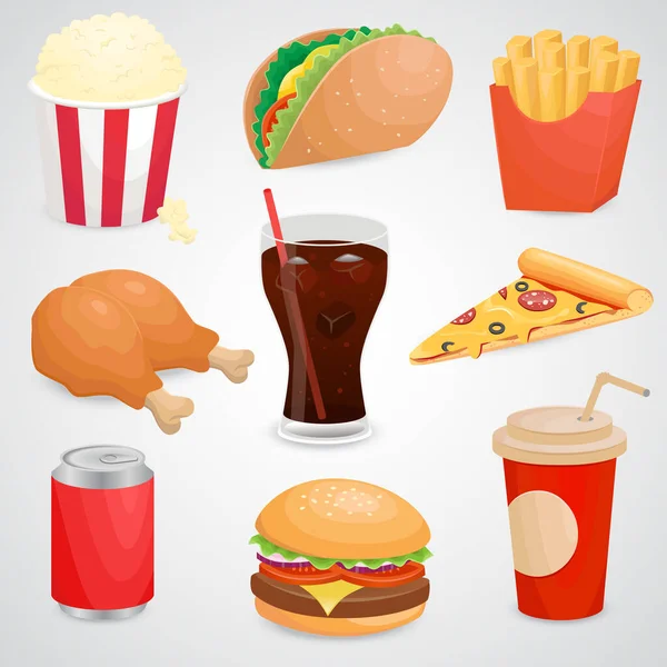 Fast Food Icônes Vectorielles Réalistes Mignons — Image vectorielle