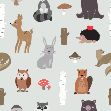 Orman hayvanları olan çocuklar için sevimli bir model. Vektör sanatı.