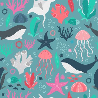 Çocuklar için desen tasarımı - denizin altında. Vektör çizimi. Kusursuz desen.