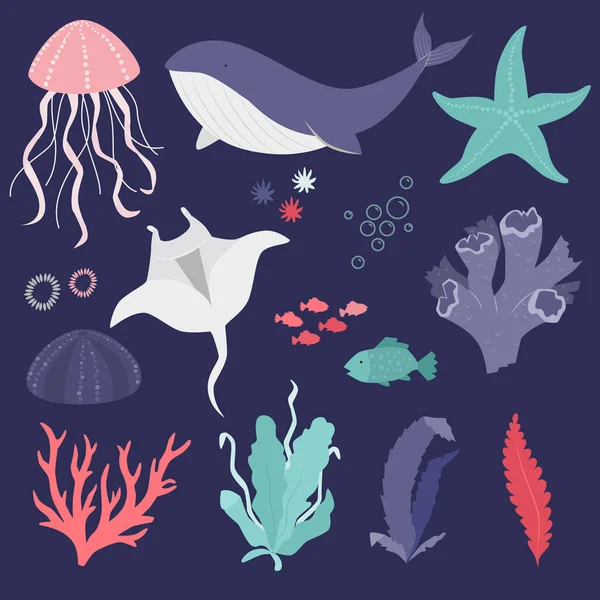 Ilustração Vetorial Belas Criaturas Marinhas Coleta Ícones — Vetor de Stock