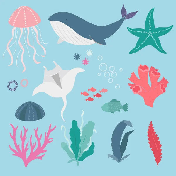 Ilustración Vectorial Hermosas Criaturas Marinas Colección Iconos — Vector de stock