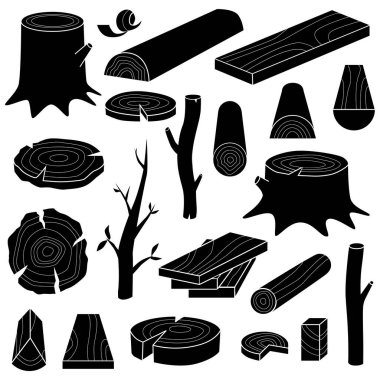 Ağaç kütükleri, parçalar, elementler koleksiyonu. Vektör simgesi ayarlandı. 