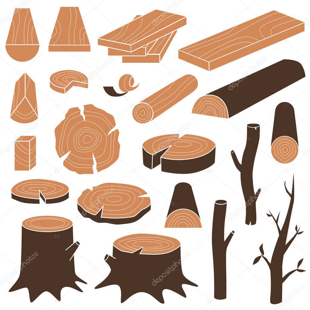 Collection of wood logs, parts, elements. Vector icon set. 