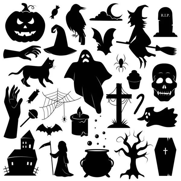 Cadılar Bayramı vektör simgesi ayarlandı. Geleneksel Cadılar Bayramı sembolleri ve aksesuarları koleksiyonu.