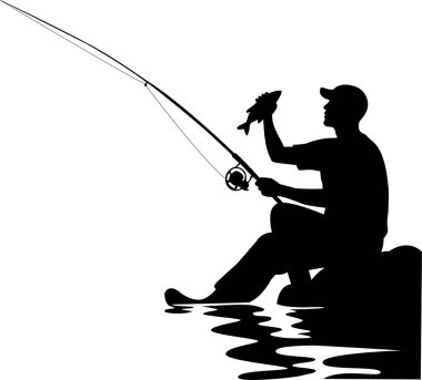 Bir kayanın üzerinde oturan, elinde olta ve taze yakalanmış bir balığın detaylı bir vektör silüeti. Bu illüstrasyon, balık tutmanın sakin sabrını ve eğlencesini bir hobi olarak tasvir eder. Kamp rehberleri ve balıkçılık malzemeleri web sitelerinde kullanım için ideal