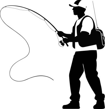 Sinek oltası atan bir adamın dinamik vektör silueti. Bu grafik, sinek avlamadaki beceri ve tekniği vurguluyor. Balıkçılık kulüpleri, açık hava spor markaları, macera blogları ve herhangi bir proje için mükemmel bir görüntü.