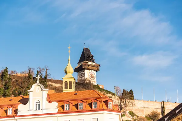Graz Stájerország Ausztria 2019 Kilátás Schlossberg Hegy Erőd Óratorony Uhrturm — Stock Fotó