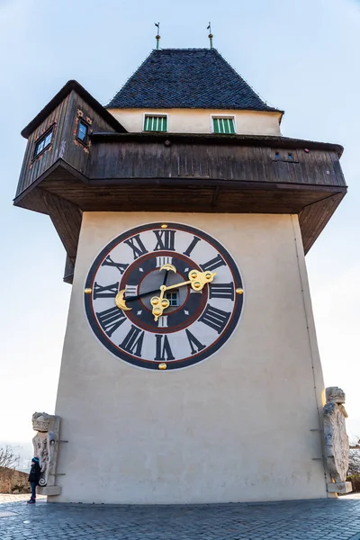 Graz Štýrsko Rakousko 2019 Pohled Věž Hodinami Modré Obloze Svisle — Stock fotografie