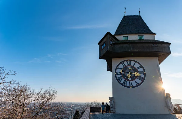 Graz Štýrsko Rakousko 2019 Pohled Věž Hodinami Modré Obloze Panorama — Stock fotografie