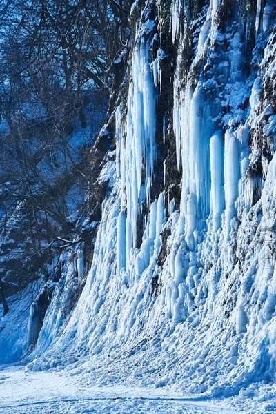 Grandes icicles pendurados no penhasco da margem do rio . — Fotografia de Stock