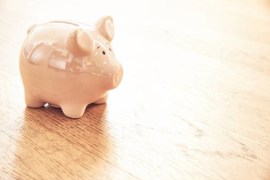 Ahşap zemin üzerinde domuzcuk Bankası