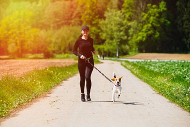 Sport girl is running with a dog (Beagle) on the rural road.