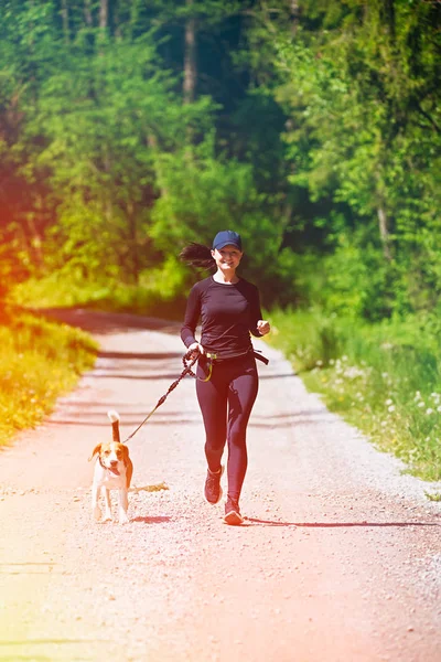 Sport girl is running with a dog (Beagle) on the rural road.