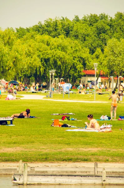 Der berühmte neusiedler see, burgenland, sonnenbaden am grasbewachsenen ufer. — Stockfoto