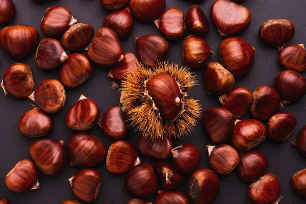 Le castagne mature chiudono. Castagne crude per Natale. Castagne dolci fresche. Contesto alimentare. — Foto Stock