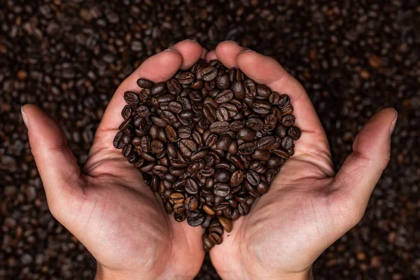 Fresh Roasted Coffee Beans Hands Coffee Themed Background — Stock Photo, Image
