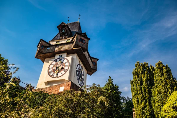 Graz Oostenrijk 2020 Klokkentoren Uhrturm Stad Beroemde Historische Structuur Zomerdag — Stockfoto