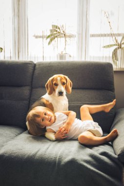 Evde kanepede oturan av köpekli küçük kız. Ev konsepti arka planındaki evcil hayvanlar.
