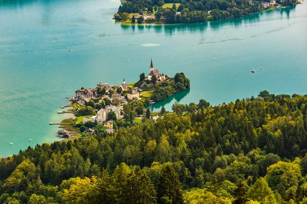 View Worthersee Lake Maria Worth Church Carinthia Austria Aerial View — Stock Photo, Image