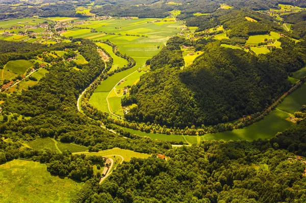 从空中俯瞰青山和背景群山的葡萄园 Kitzeck Sausal 奥地利 — 图库照片
