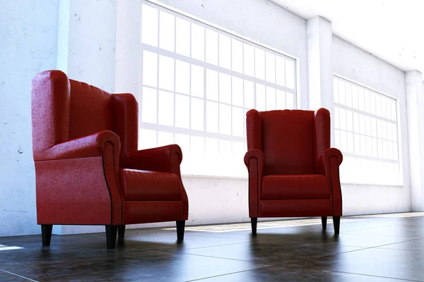 Two red chairs in the large room. 3D illustration.