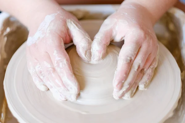 Pottery handcraft hobby hands shape clay wheel — Stock Photo, Image