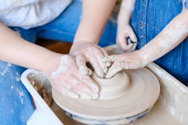 Pottery handcraft hobby hands shape clay wheel — Stock Photo, Image