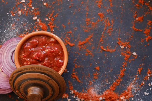 Salsa salsa de tomate sal pimienta comida condimento mezcla — Foto de Stock
